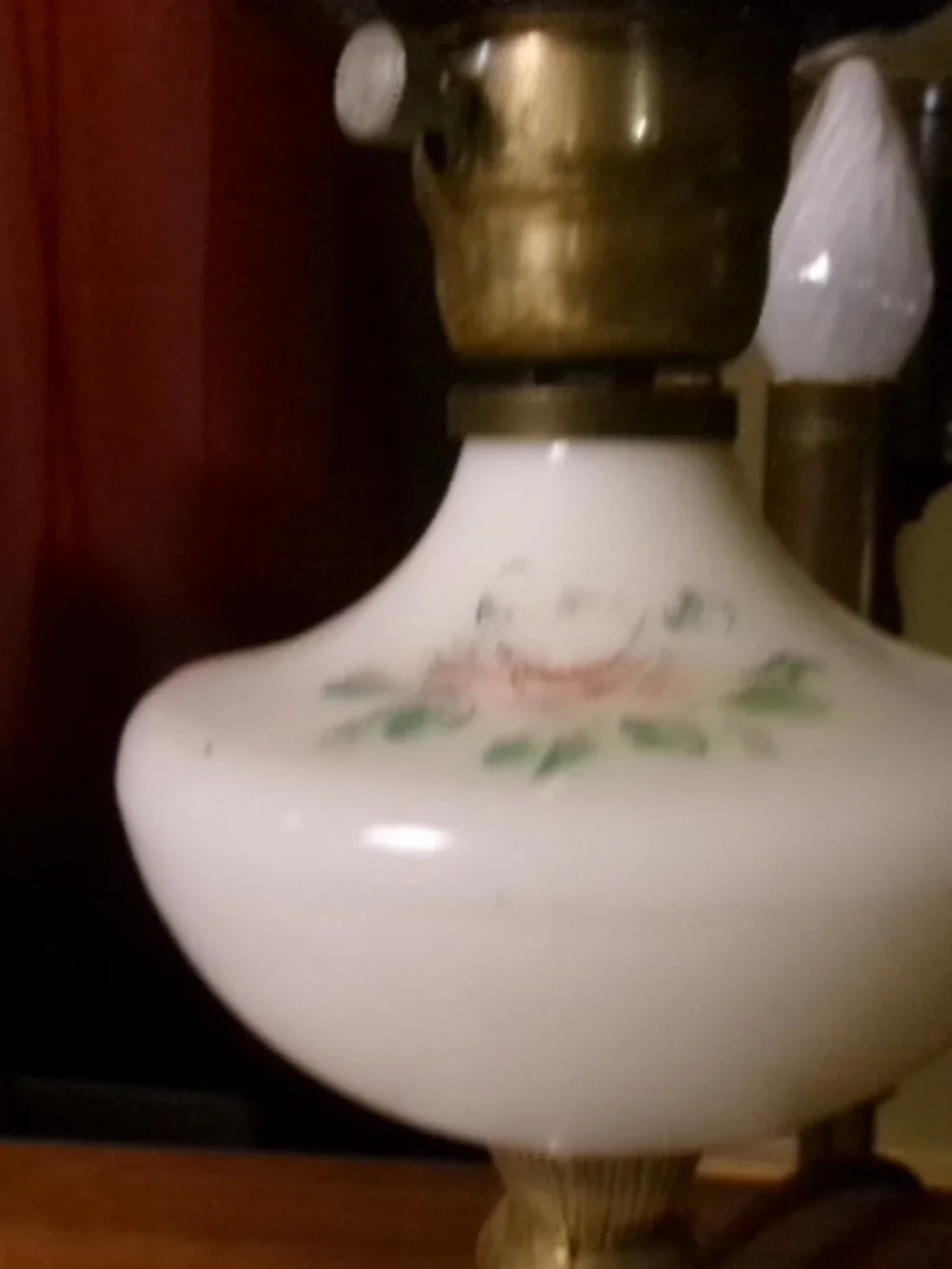 vtg milk glass painted hurricane lamp brass and marble stand 15in dresser lamp - Picture 7 of 8